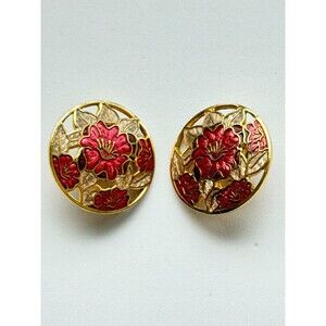 Vintage Fish & Crown Gold Tone Red Enamel Openwork Floral Dome Clip On Earrings